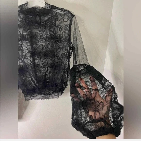 Floral whimsical Whimsigoth mesh lacebubble ballon sleeve Gothic goth blouse 2XL - Picture 3 of 7